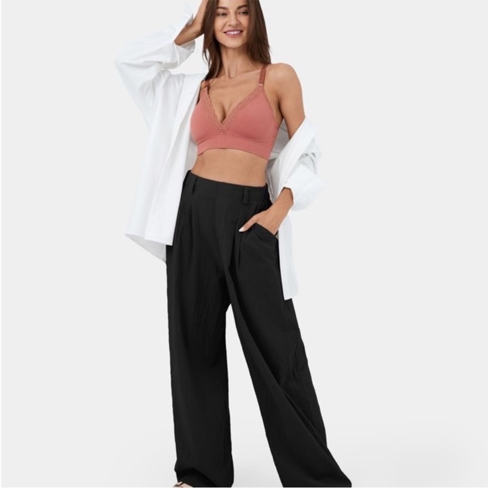 Halara High Waisted Plicated Side Pocket Wide Leg Solid Palazzo Cotton Pants